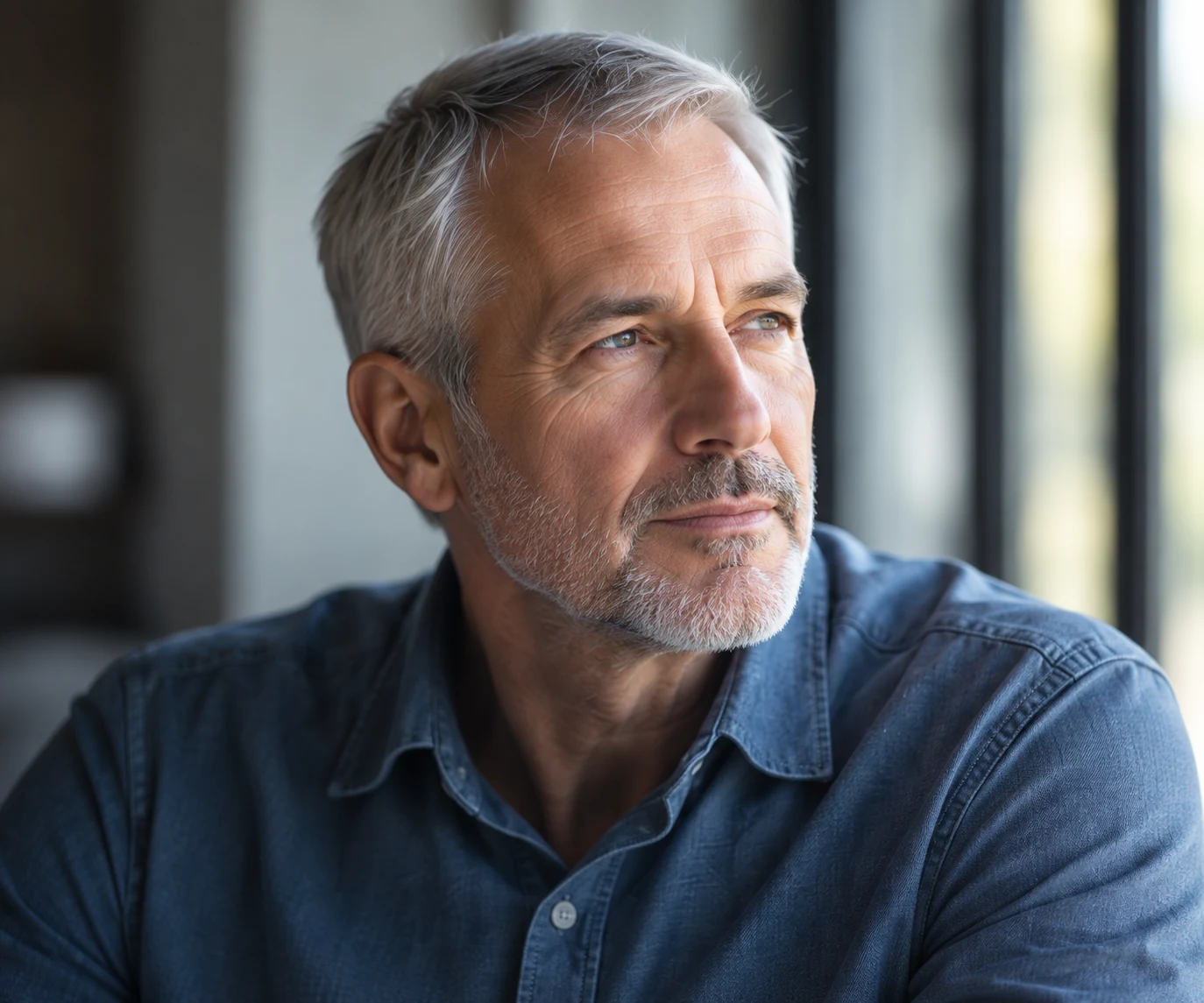 A man looking out a window, deep in thought